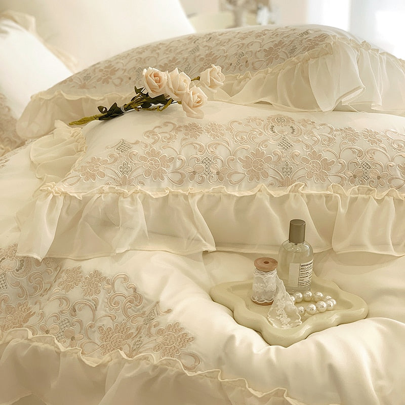 Pink Gold Romantic French Palace Rose Flower Chiffon Lace Duvet Cover, 1000TC Egyptian Cotton Bedding Set