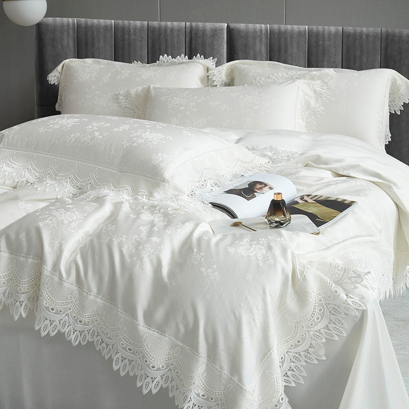 Premium White Romantic American Europe Wedding Jacquard Silky Lace Duvet Cover Set, 1000TC Tencel Bedding Set