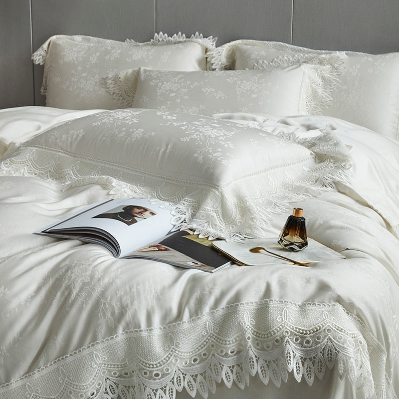 Premium White Romantic American Europe Wedding Jacquard Silky Lace Duvet Cover Set, 1000TC Tencel Bedding Set