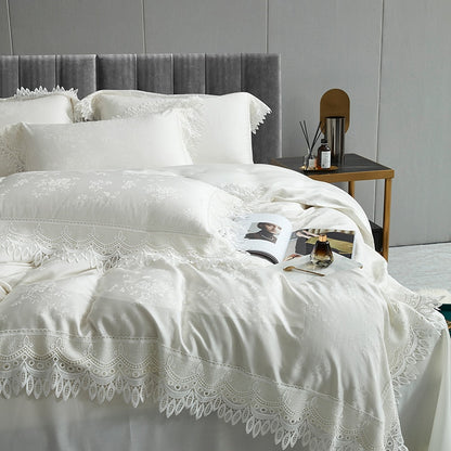 Premium White Romantic American Europe Wedding Jacquard Silky Lace Duvet Cover Set, 1000TC Tencel Bedding Set