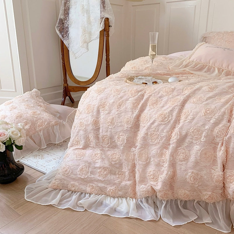 Pink Rose Flower Romantic French Wedding Gifts Duvet Cover Set, 1400TC Egyptian Cotton Bedding Set