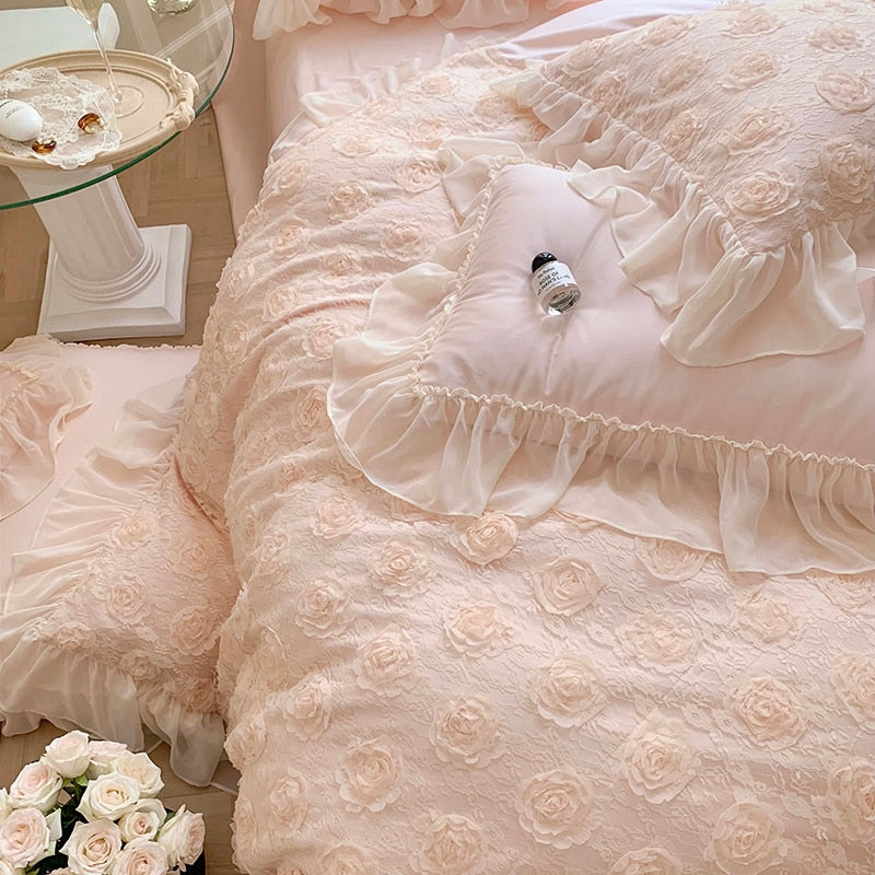 Pink Rose Flower Romantic French Wedding Gifts Duvet Cover Set, 1400TC Egyptian Cotton Bedding Set