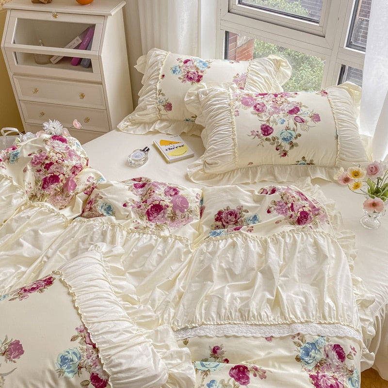 Romantic French Rose Print Pleated Ruffles Duvet Cover, 100% Cotton Bedding Set