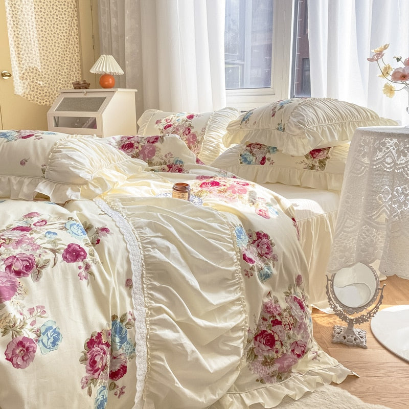 Romantic French Rose Print Pleated Ruffles Duvet Cover, 100% Cotton Bedding Set