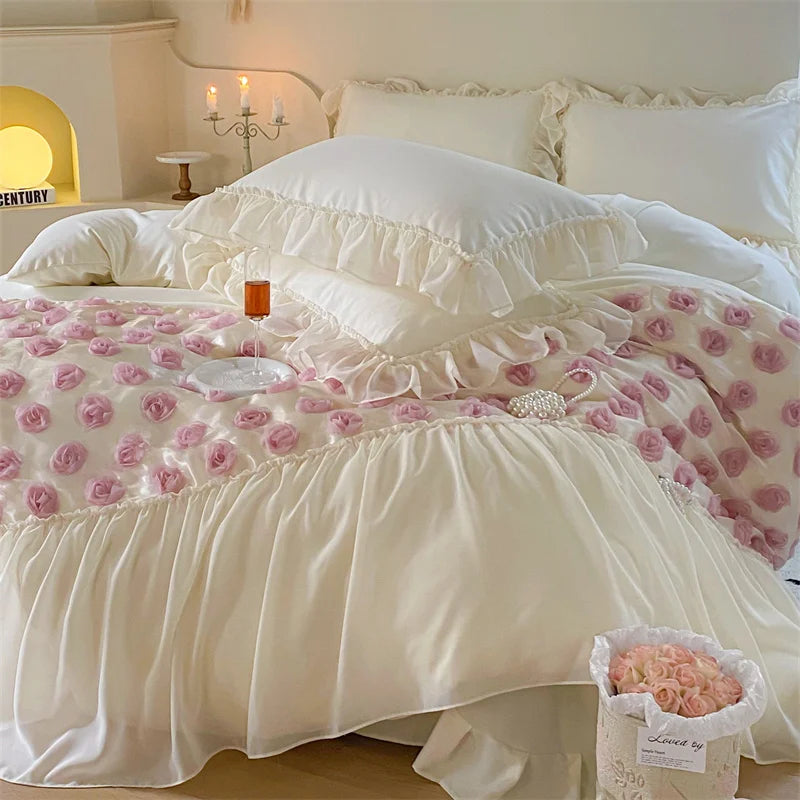 Romantic French Pink Rose Lace Microfiber Fabric Patchwork Wedding Bedding Set