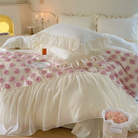 Thumbnail for Romantic French Pink Rose Lace Microfiber Fabric Patchwork Wedding Bedding Set