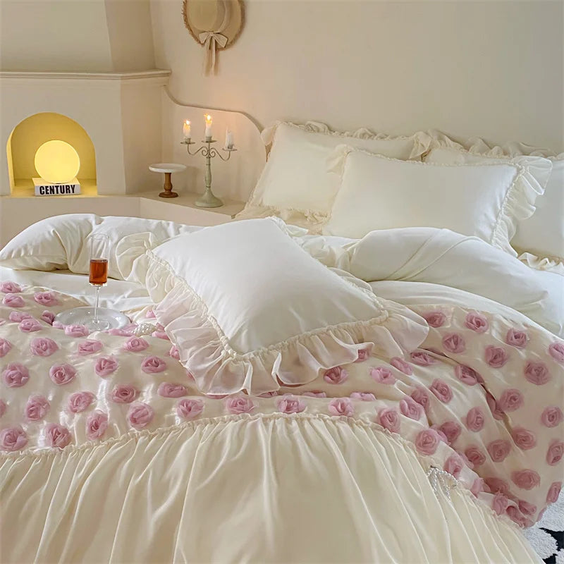 Romantic French Pink Rose Lace Microfiber Fabric Patchwork Wedding Bedding Set