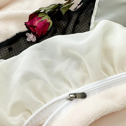 Black White Flower Romantic Embroidered Ruffles French Duvet Cover, Velvet Fleece Bedding Set