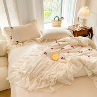 Thumbnail for Red Rose Romantic Lace Ruffles Patchwork Embroidery Wedding Duvet Cover, Velvet Fleece Bedding Set