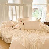 Thumbnail for Red Rose Romantic Lace Ruffles Patchwork Embroidery Wedding Duvet Cover, Velvet Fleece Bedding Set