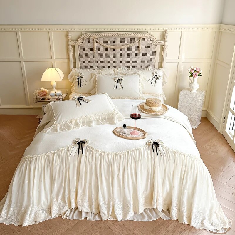 White Pink Romantic Lace Ruffles Ribbon French Wedding Duvet Cover, Velvet Fleece Bedding Set