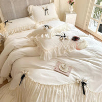 Thumbnail for White Pink Romantic Lace Ruffles Ribbon French Wedding Duvet Cover, Velvet Fleece Bedding Set
