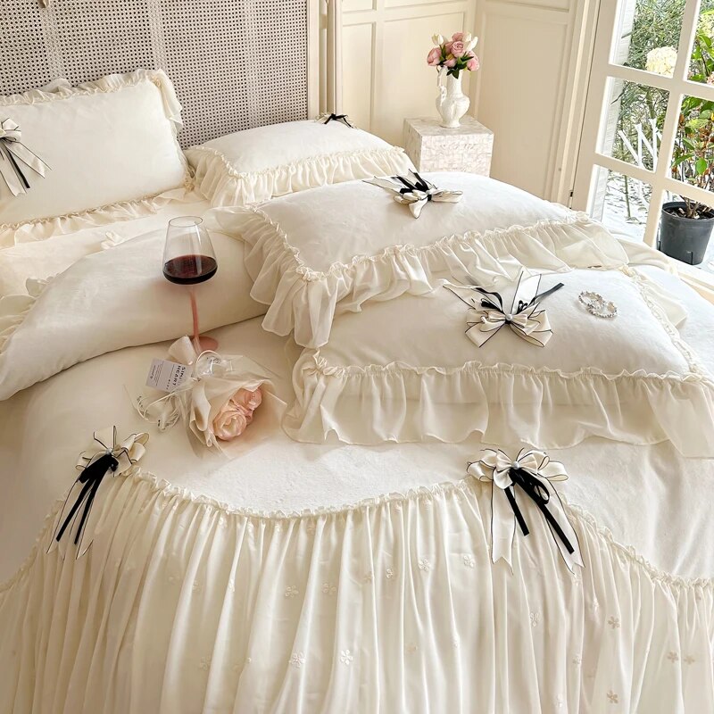 White Pink Romantic Lace Ruffles Ribbon French Wedding Duvet Cover, Velvet Fleece Bedding Set
