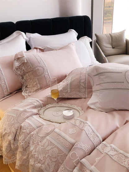 White Pink Lace Romantic Patchwork Embroidered Wedding Duvet Cover Set, 1000TC Egyptian Cotton Bedding Set