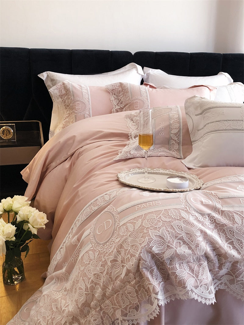 White Pink Lace Romantic Patchwork Embroidered Wedding Duvet Cover Set, 1000TC Egyptian Cotton Bedding Set