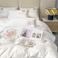 Thumbnail for Premium White Rose Sweet Embroidery Lace Edge Duvet Cover Set, Egyptian Cotton Bedding Set