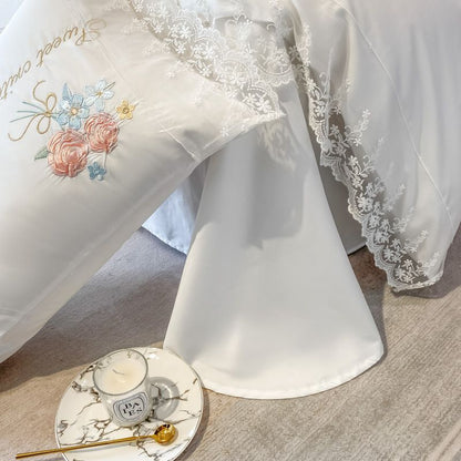 Premium White Rose Sweet Embroidery Lace Edge Duvet Cover Set, Egyptian Cotton Bedding Set