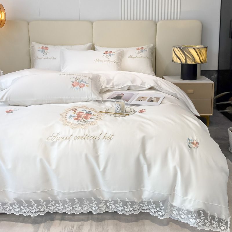 Premium White Rose Sweet Embroidery Lace Edge Duvet Cover Set, Egyptian Cotton Bedding Set