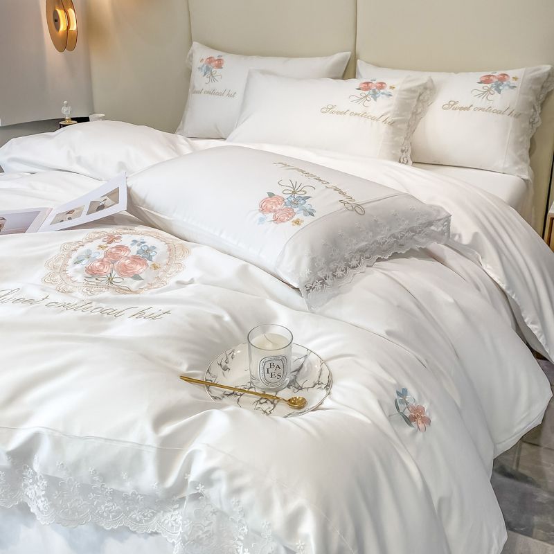 Premium White Rose Sweet Embroidery Lace Edge Duvet Cover Set, Egyptian Cotton Bedding Set