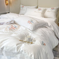 Thumbnail for Premium White Rose Sweet Embroidery Lace Edge Duvet Cover Set, Egyptian Cotton Bedding Set