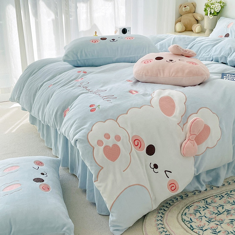 Pink Rabbit Animal Embroidery Kid Duvet Cover, Velvet Fleece Bedding Set