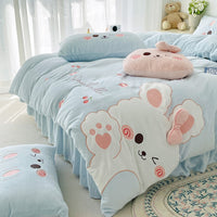 Thumbnail for Pink Rabbit Animal Embroidery Kid Duvet Cover, Velvet Fleece Bedding Set