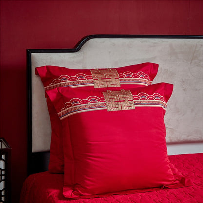 Red Gold Luxury Wedding Dragon Phoenix Embroidery Tassel Duvet Cover, 1400TC Egyptian Cotton Bedding Set