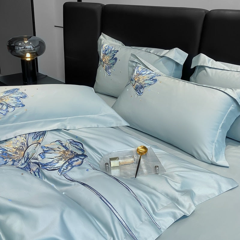Luxury White Blue Lotus Flower Embroidered Duvet Cover, 1000TC Egyptian Cotton Bedding Set