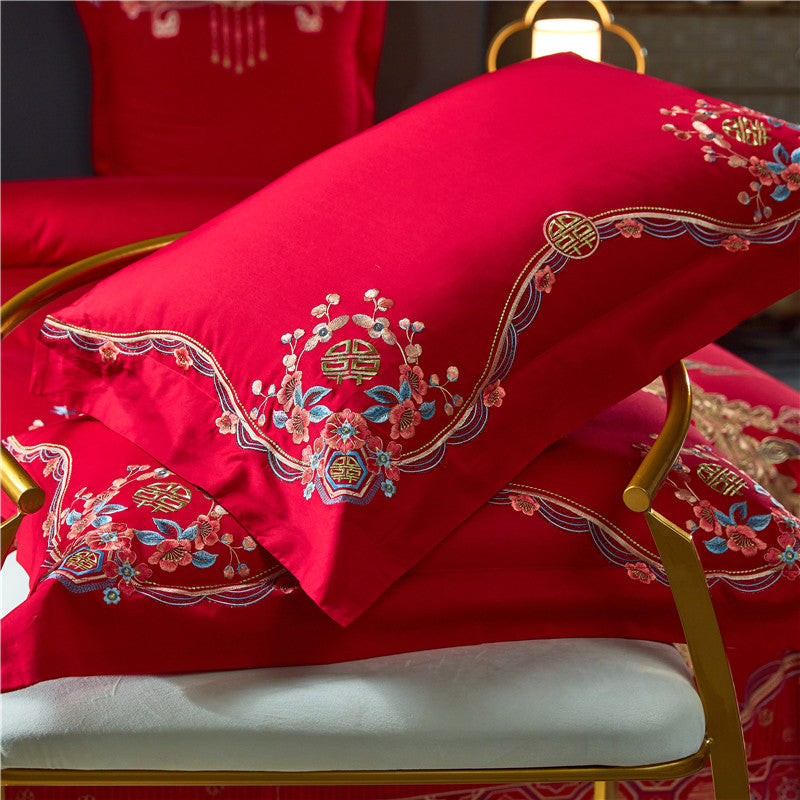 Luxury Red Gold Phoenix Europe Wedding Duvet Cover Set, Egyptian Cotton 1000TC Bedding Set