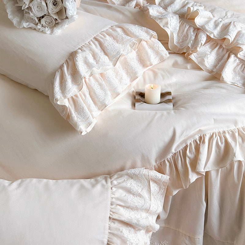 European Vintage Cotton Satin Brushed Lace Ruffles Wedding Duvet Cover Bedding Set