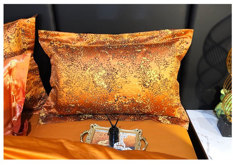 Luxury Leopard Black Orange Satin Jacquard Duvet Cover Set, Egyptian Cotton 1200TC Bedding Set