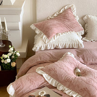 Thumbnail for Luxury White Pink 3D Carved Velvet Girl Winter Ruffles Duvet Cover Set, Velvet Fleece Fabric Bedding Set