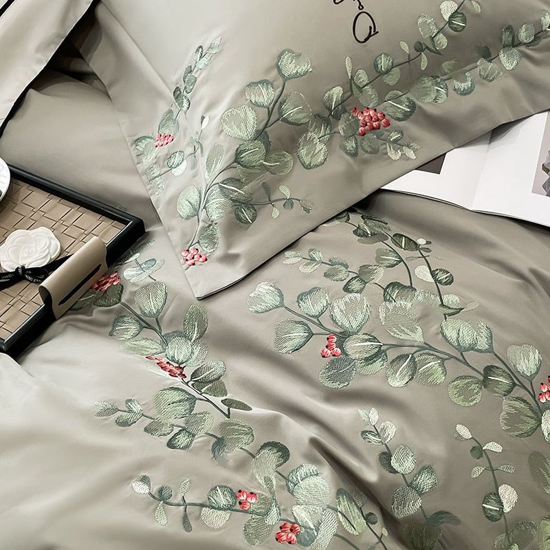 Green Vine American Country Flowers Embroidered Duvet Cover, Egyptian Cotton 1000TC Bedding Set