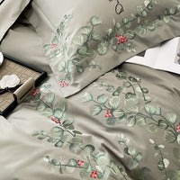 Thumbnail for Green Vine American Country Flowers Embroidered Duvet Cover, Egyptian Cotton 1000TC Bedding Set