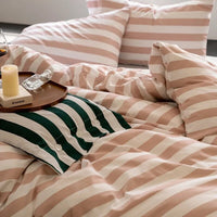 Thumbnail for White Green American Vintage Long Stripe Cotton Brushed Duvet Cover Bedding Set