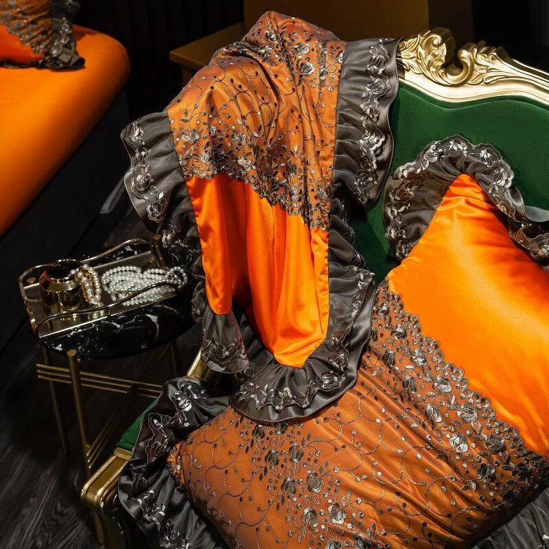 Gold Orange Baroque European Silky Duvet Cover Set Linen Satin 1000TC Bedding Set