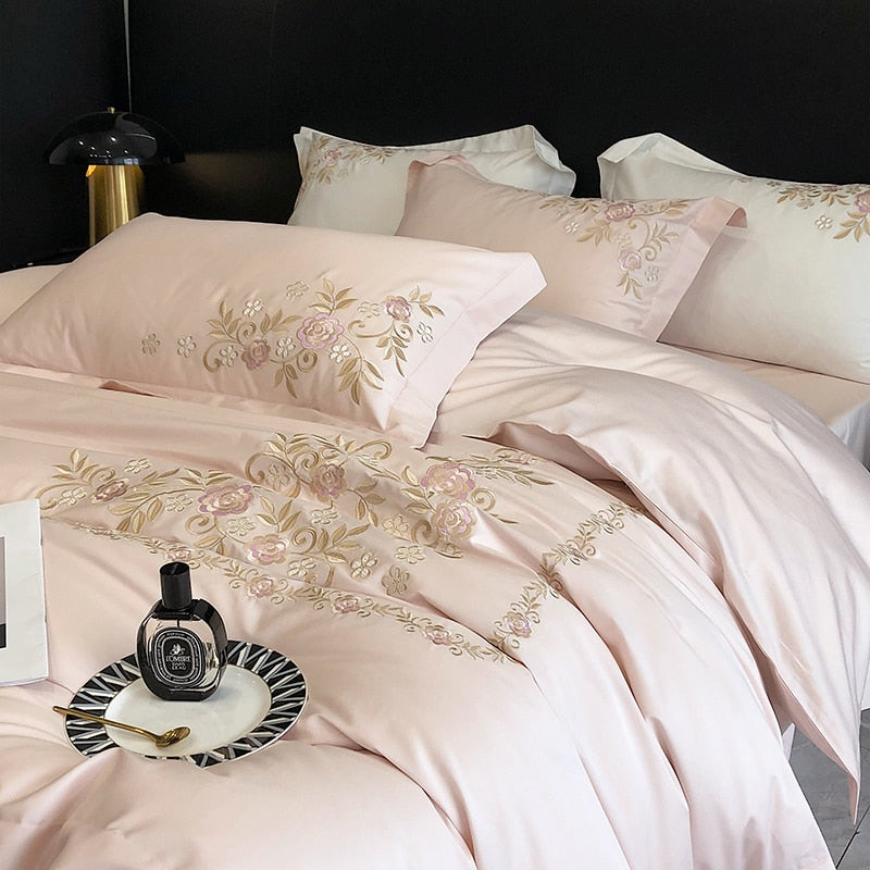 Luxury White Gold Flowers American Embroidered Duvet Cover, 1000TC Egyptian Cotton Bedding Set