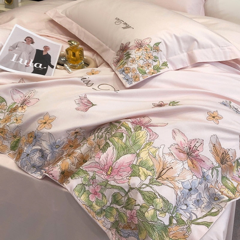 Pink White Lilly Flower Embroidery Egyptian Cotton Luxury Duvet Cover Bedding Set