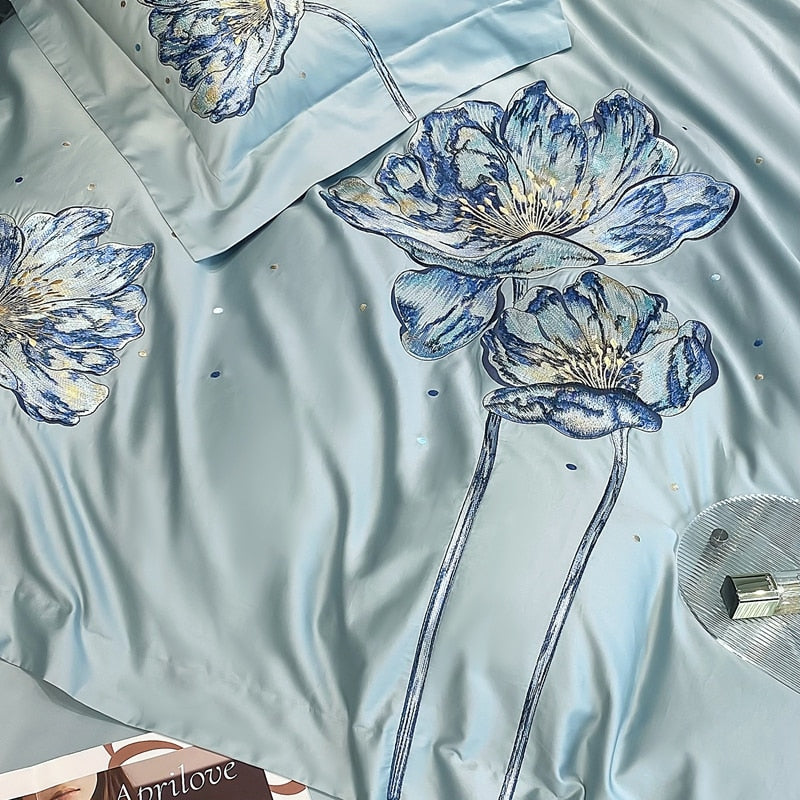 Luxury White Blue Lotus Flower Embroidered Duvet Cover, 1000TC Egyptian Cotton Bedding Set