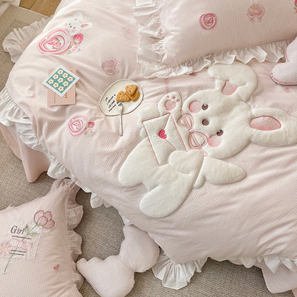 Pink Big Ear Rabbit Embroidered Girls Duvet Cover, Washed Cotton Bedding Set