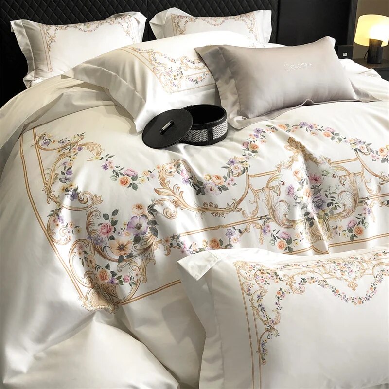 White Gold Luxury European Palace Flowers Print Duvet Cover Set, 1000TC Egyptian Cotton Bedding Set