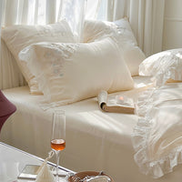 Thumbnail for White Natural Floral Soft Silky Lace Ruffles Girls Duvet Cover, Eucalyptus Lyocell Fiber Bedding Set