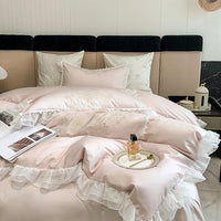 Thumbnail for White Pink French Europe Classic Flowers Ruffles Duvet Cover, 1200TC Egyptian Cotton Bedding Set