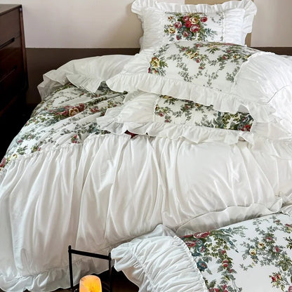 White Vintage French Rose Flower Pleat Ruffle Patchwork Bed Skirt Duvet Cover, 100% Cotton Bedding Set