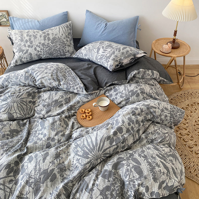 Blue Grey Jacquard Leaf Vintage Flower Bush Duvet Cover Set, Washed Cotton Bedding Set