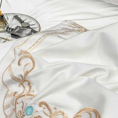 White Pink Garden Flower Butterfly Egyptian Cotton Satin Embroidery Duvet Cover Bedding Set