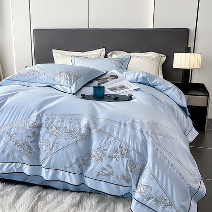 Luxury White Blue Elegant Floral Embroidered Duvet Cover Set, Egyptian Cotton 1000TC Bedding Set
