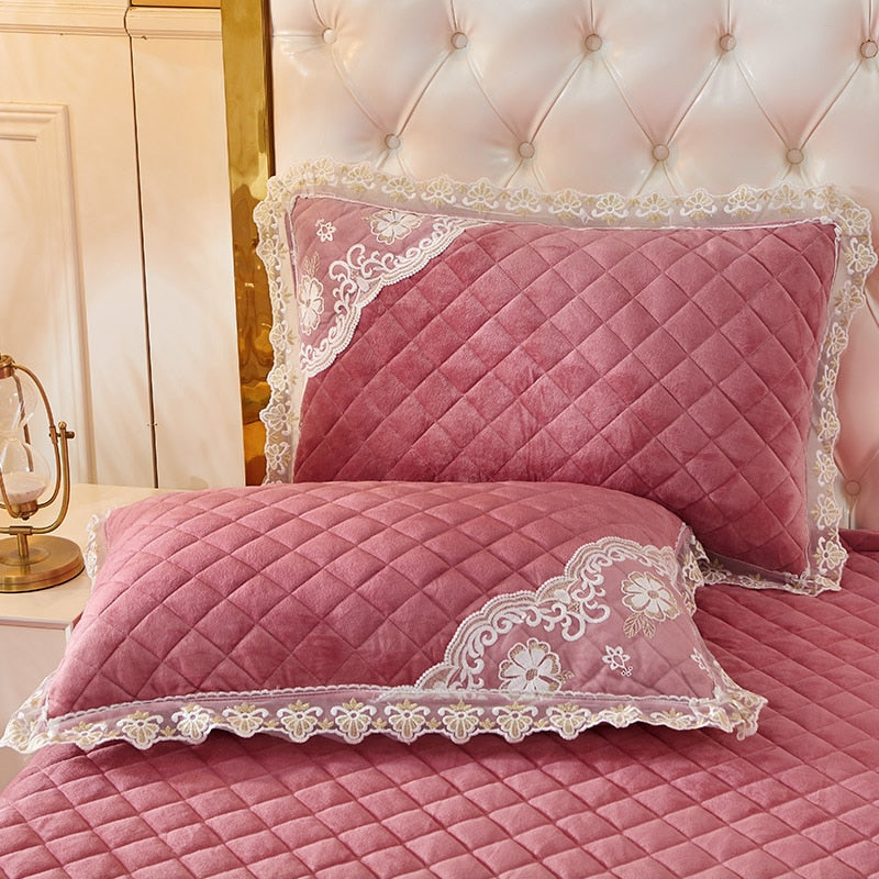 Luxury Yellow Pink Warm Velvet Fleece Lace Ruffles Quilted Bedspread Bedding Set