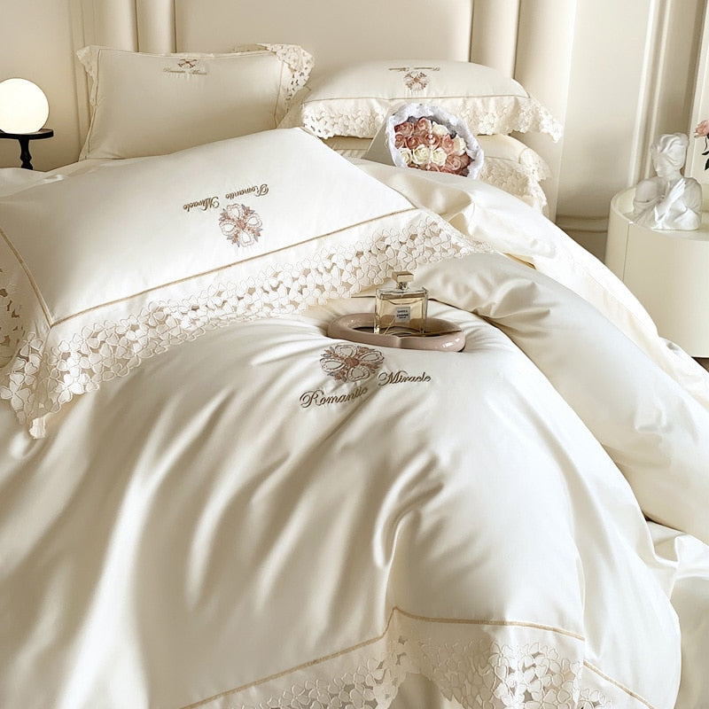 Romantic Pink White French Europe Lace Embroidered Egyptian Cotton 1000TC Duvet Cover Bedding Set