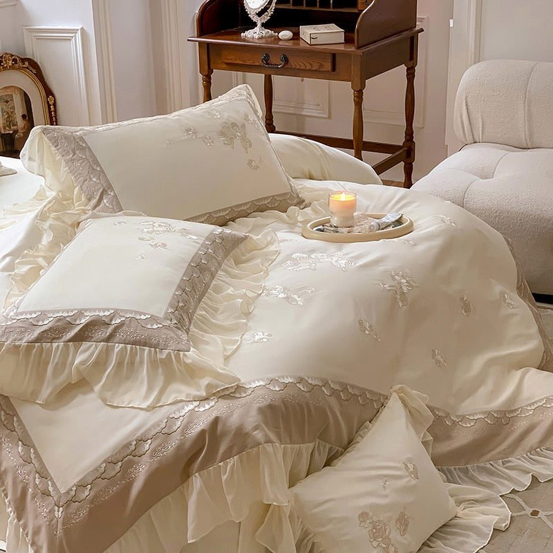 Brown Luxury Princess Palace Europe Lace Ruffles Flowers Duvet Cover, Egyptian Cotton 1000TC Bedding Set